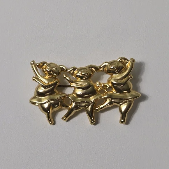 Dance Pig Brooch Gold Tone 3 Pigs Brooch Pin - Picture 3 of 12